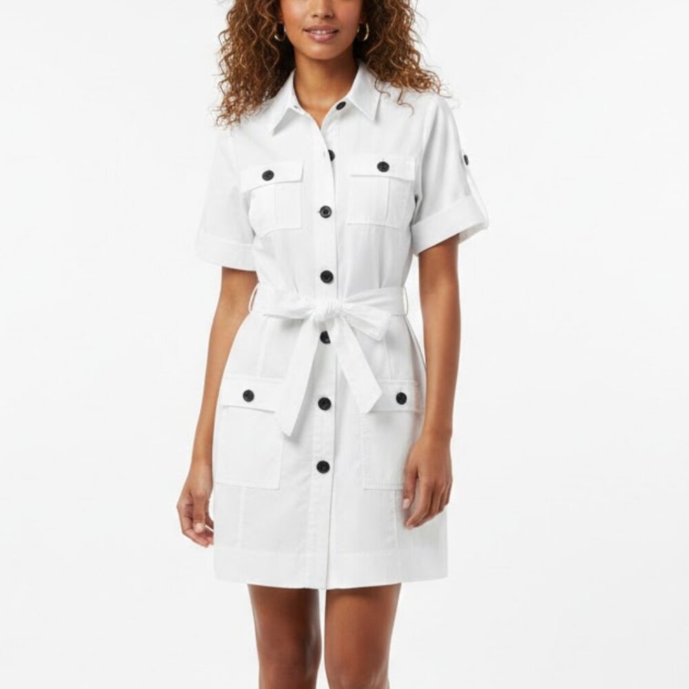 Calvin Klein Utility Shirt Dress White Cotton Belted Safari Cargo Mini L